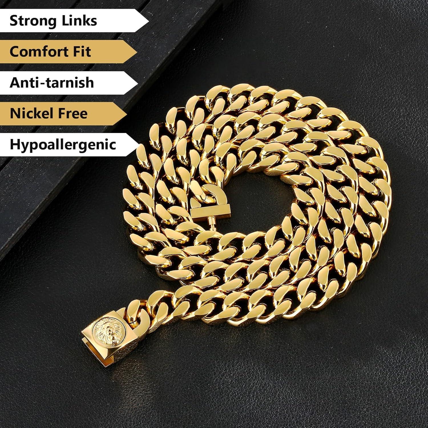 Herren Panzerkette mit Löwe Kopf Verschluss, 18K Gold Cuban Link Chain