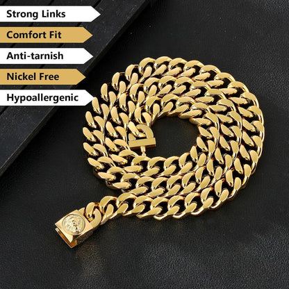 Herren Panzerkette mit Löwe Kopf Verschluss, 18K Gold Cuban Link Chain