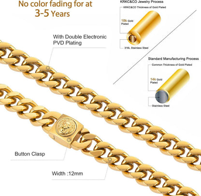 Herren Panzerkette Löwe & Totenkopf 18K Gold plattiert 12mm, Cuban Link Chain 45.7cm