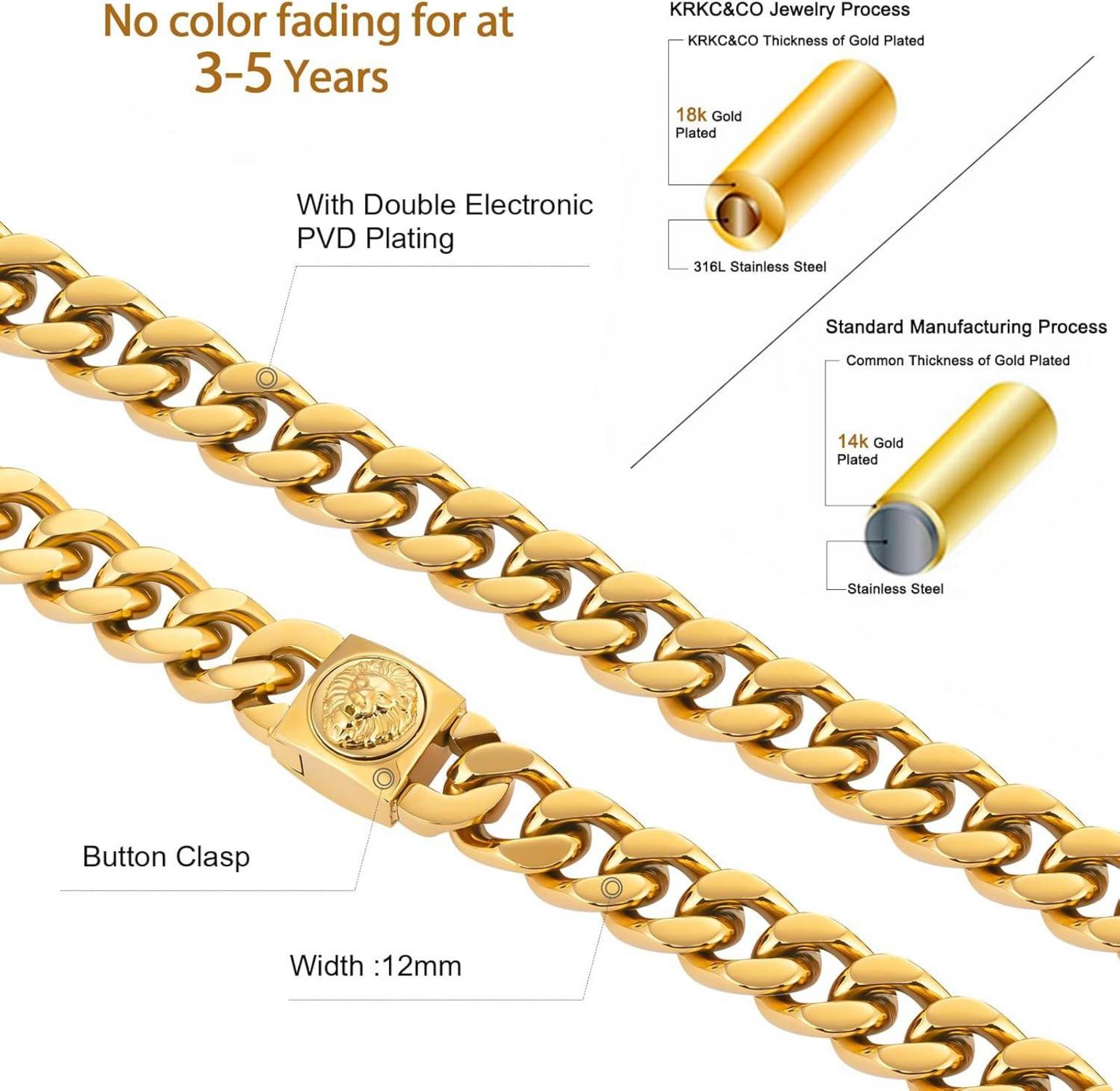 Herren Panzerkette Löwe & Totenkopf 18K Gold plattiert 12mm, Cuban Link Chain 45.7cm