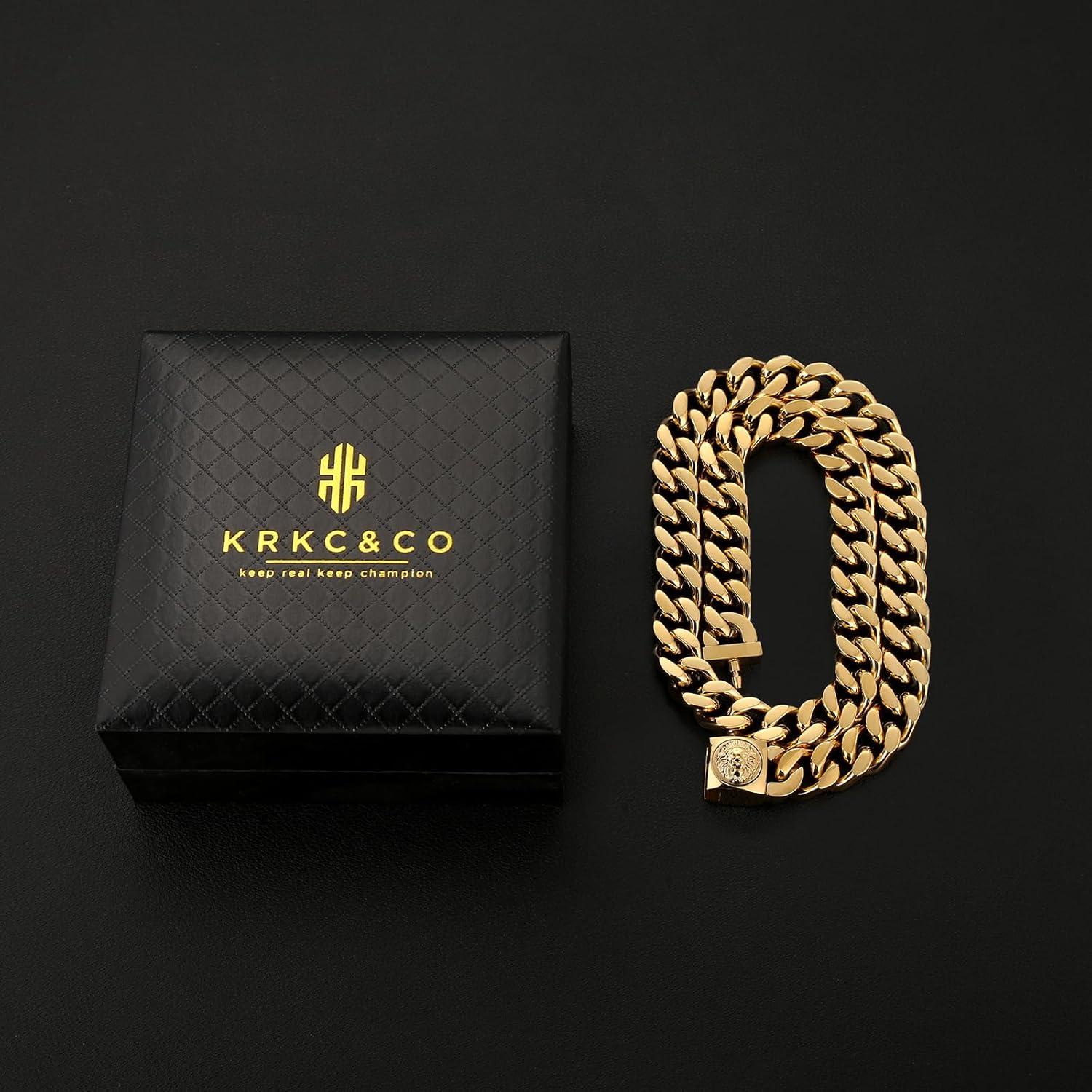 Herren 12mm Panzerkette Löwe Totenkopf 18K Gold Cuban Link Chain