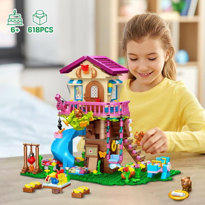 CUBIMANA Baumhaus-Bauspielzeug mit LED-Licht - 618 Stück, 3-stöckiges Baumhaus-Set