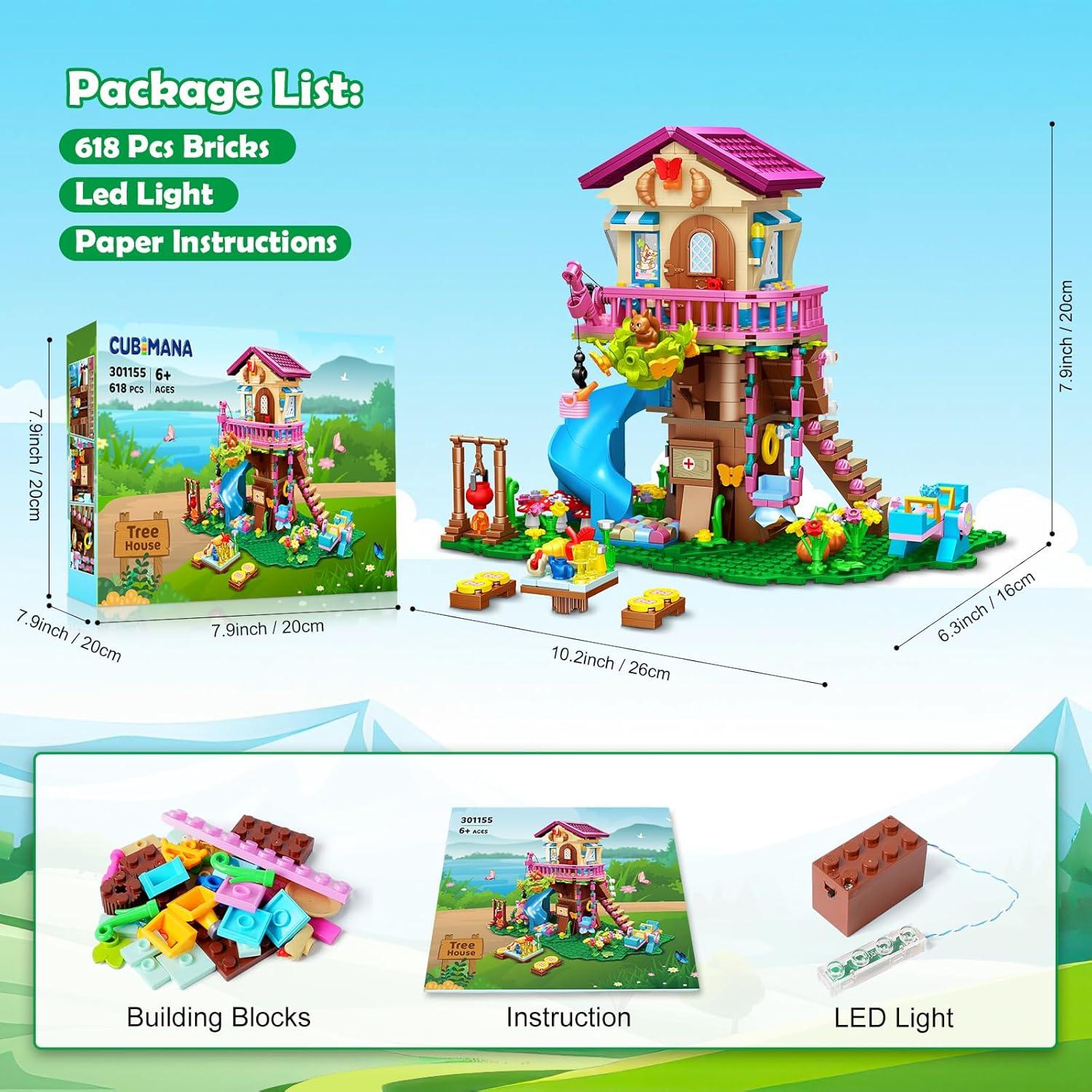 CUBIMANA Baumhaus-Bauspielzeug mit LED-Licht - 618 Stück, 3-stöckiges Baumhaus-Set