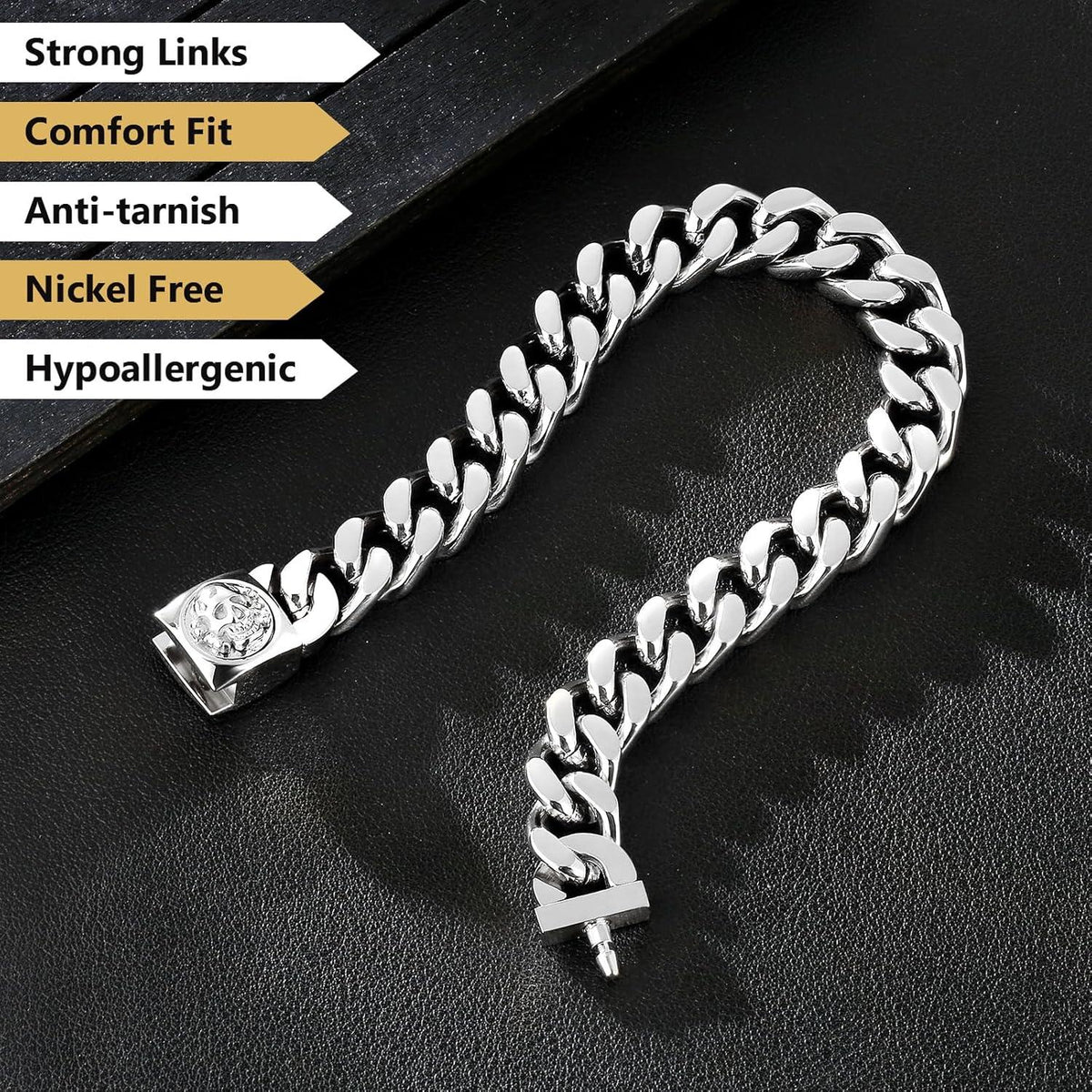 Gold beschichtetes 12mm Herren Armband mit Totenkopf-Verschluss