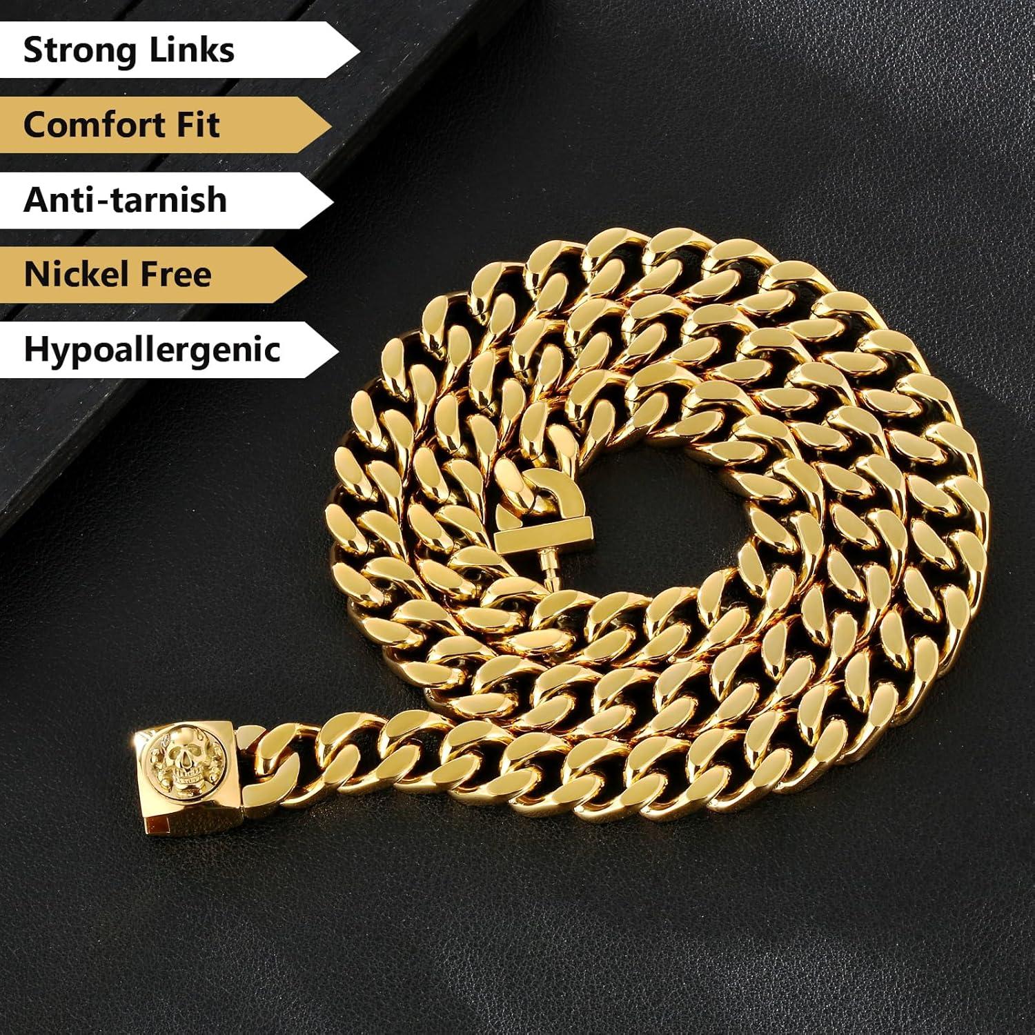 12mm Herren Panzerkette Gold Cuban Link Chain mit Totenkopf-Verschluss