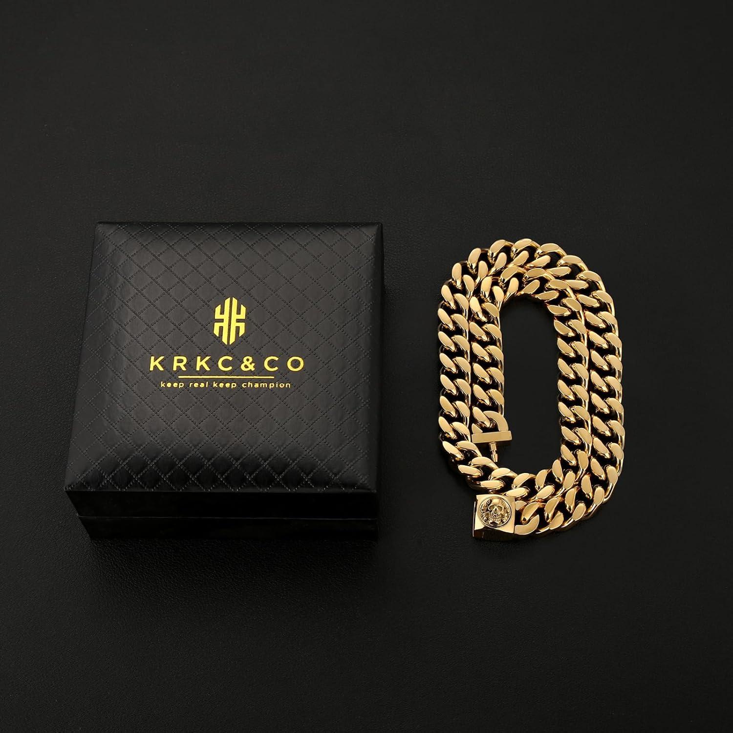 Herren Panzerkette mit Löwe/Totenkopf Verschluss, 18K Gold Cuban Link