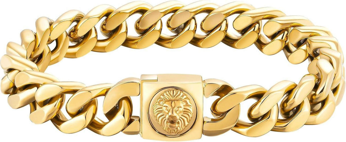 Gold beschichtetes 12mm Herren Armband mit Löwe Kopf Verschluss