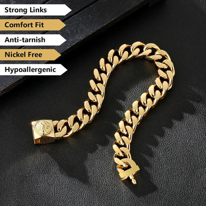 Gold beschichtetes 12mm Herren Armband mit Löwe Kopf Verschluss