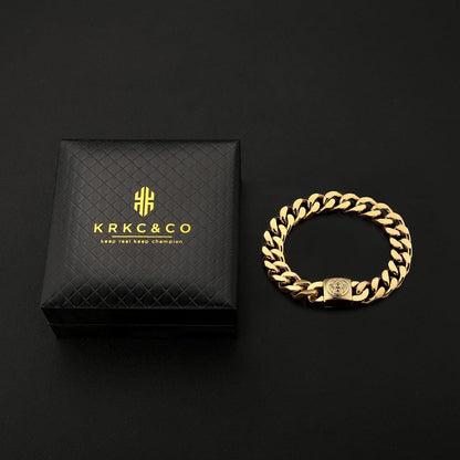 Herren Armband Löwe Kopf Verschluss 18K Gold Cuban breit Edelstahl Hip