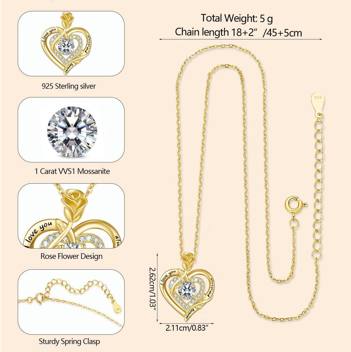 Moissanite Halskette 1 Karat Diamant Damen Silber Herz Rose