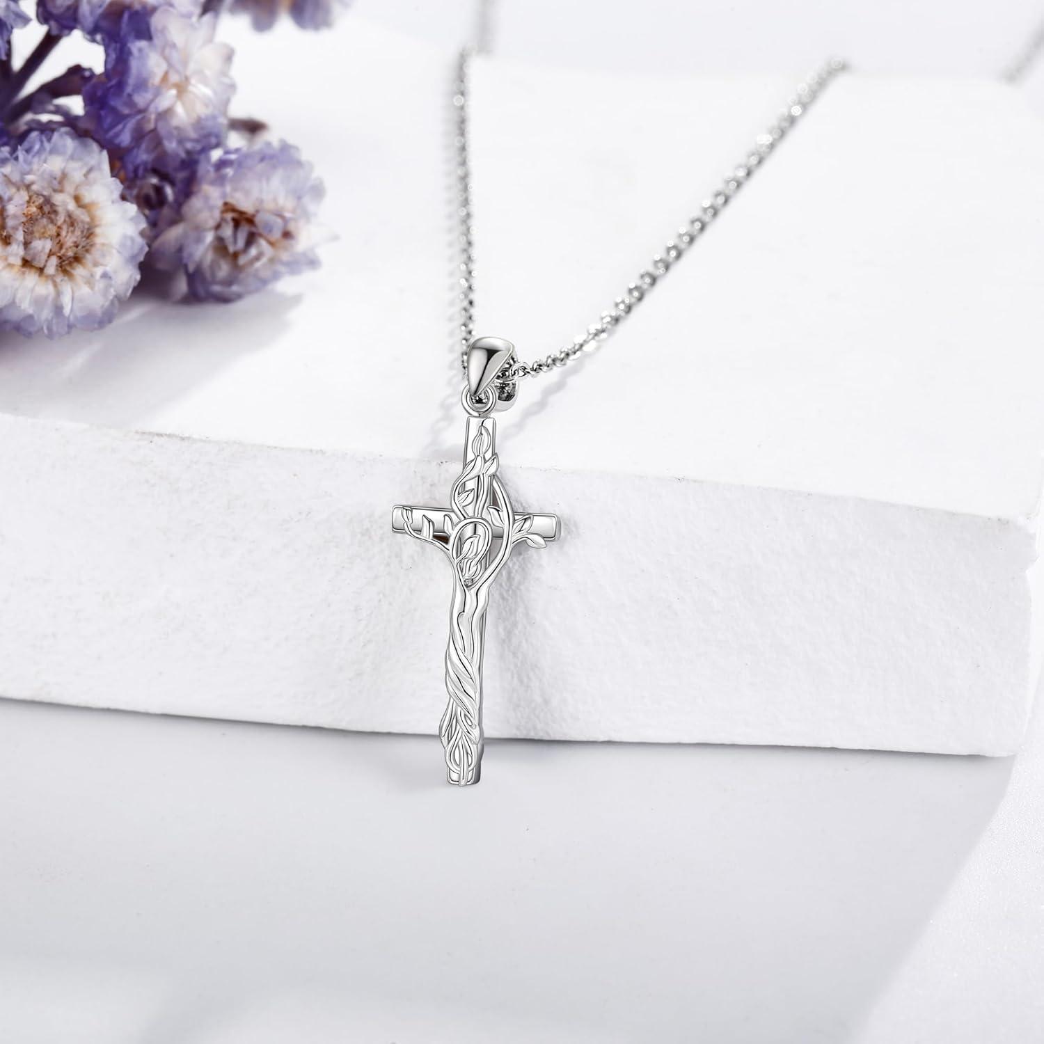 Kreuz Halskette 925 Sterling Silber Baum des Lebens Anhänger 18+2 Zoll