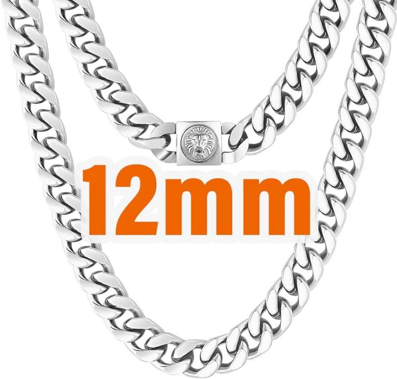 12mm Herren Panzerkette mit Löwe Totenkopf Verschluss 18K Gold Cuban Link Chain