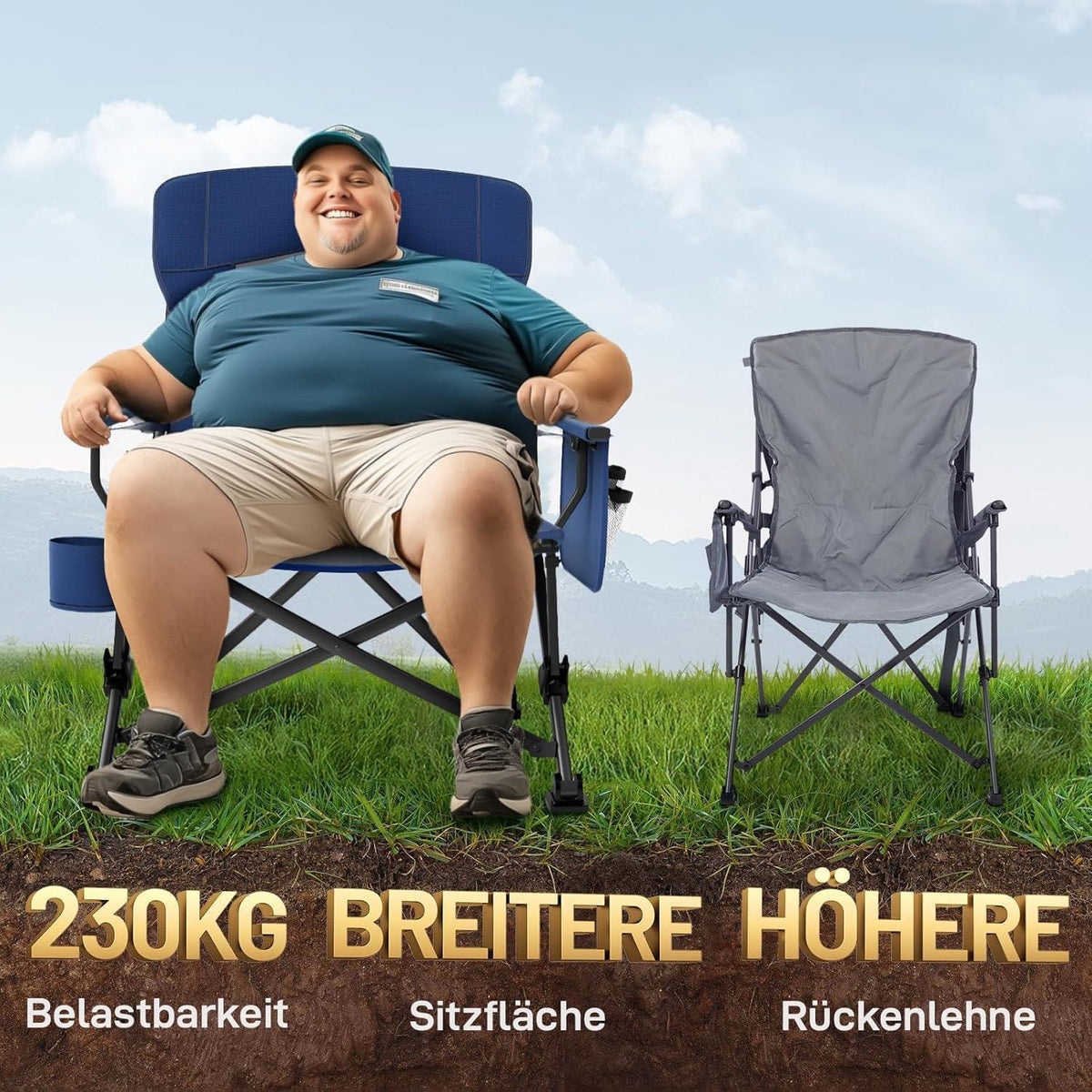 XL Campingstuhl faltbar 230kg belastbar mit Getränkehalter Blau