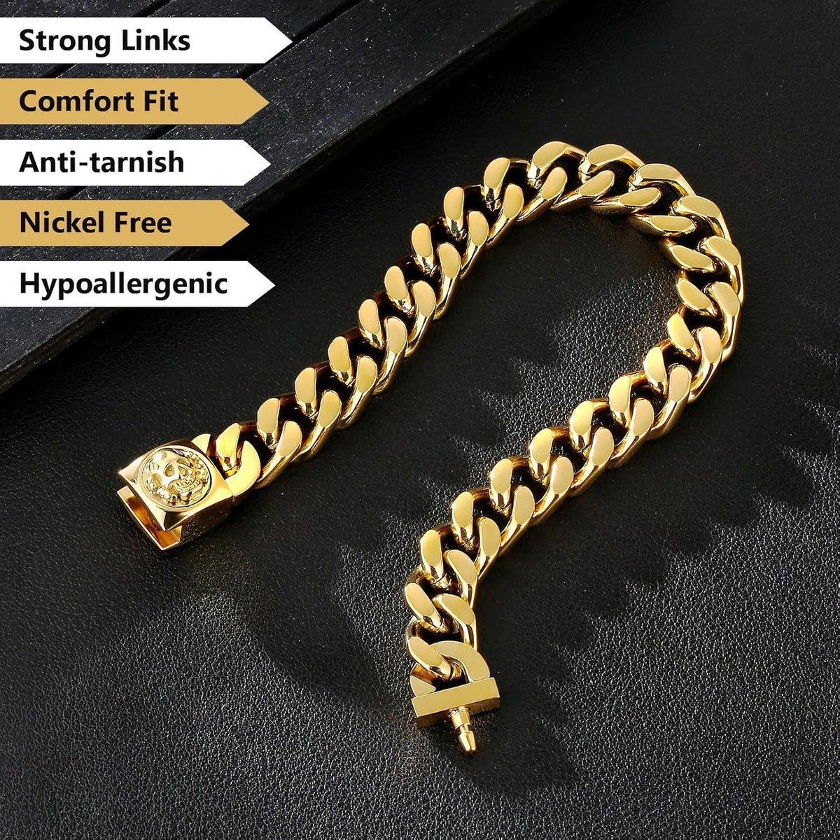 Herren Armband mit Totenkopf Gold Beschichtung 12mm, Cuban Armband