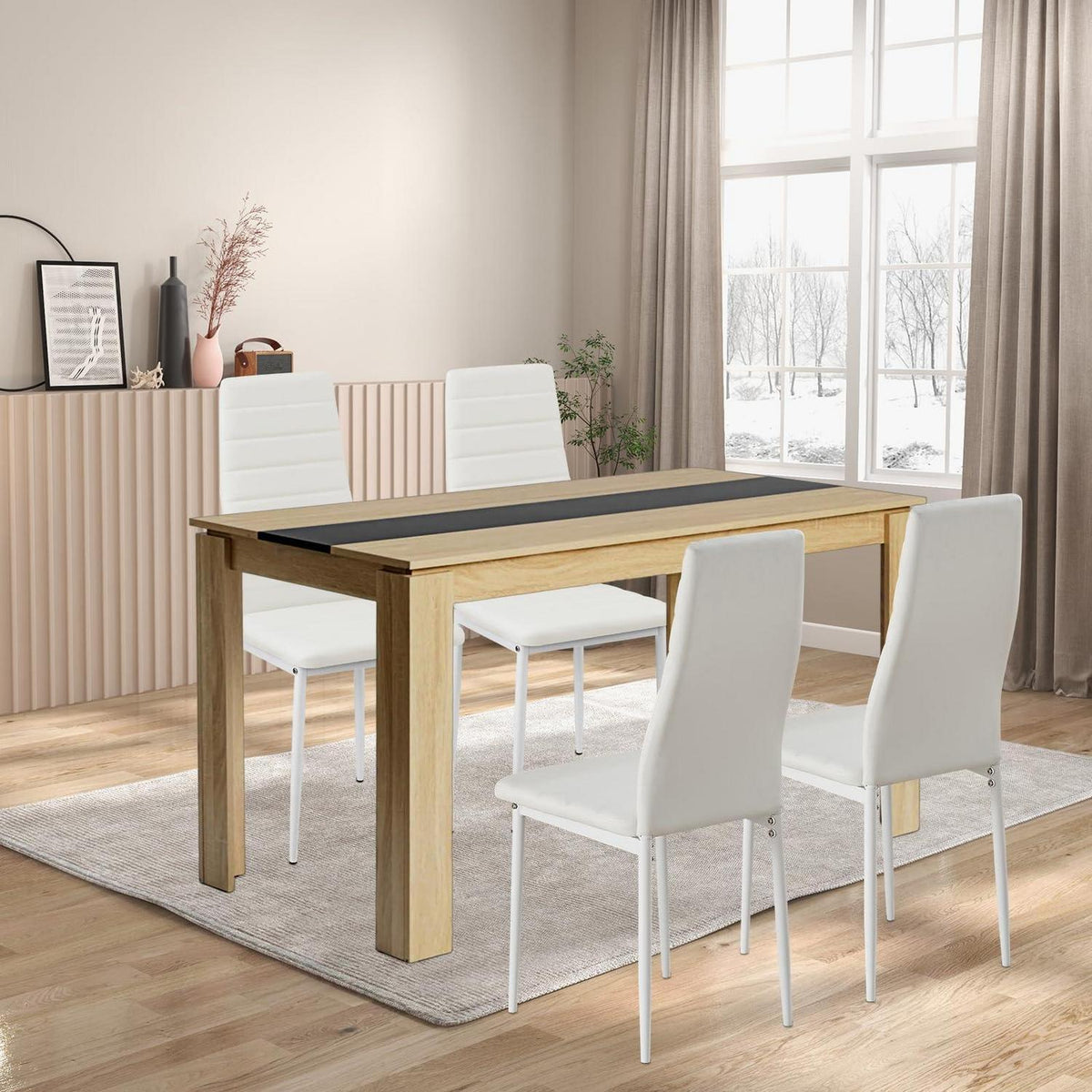 Esszimmergruppe 4er Set: Holztisch (140x70cm) & 4 Weiß Stühle