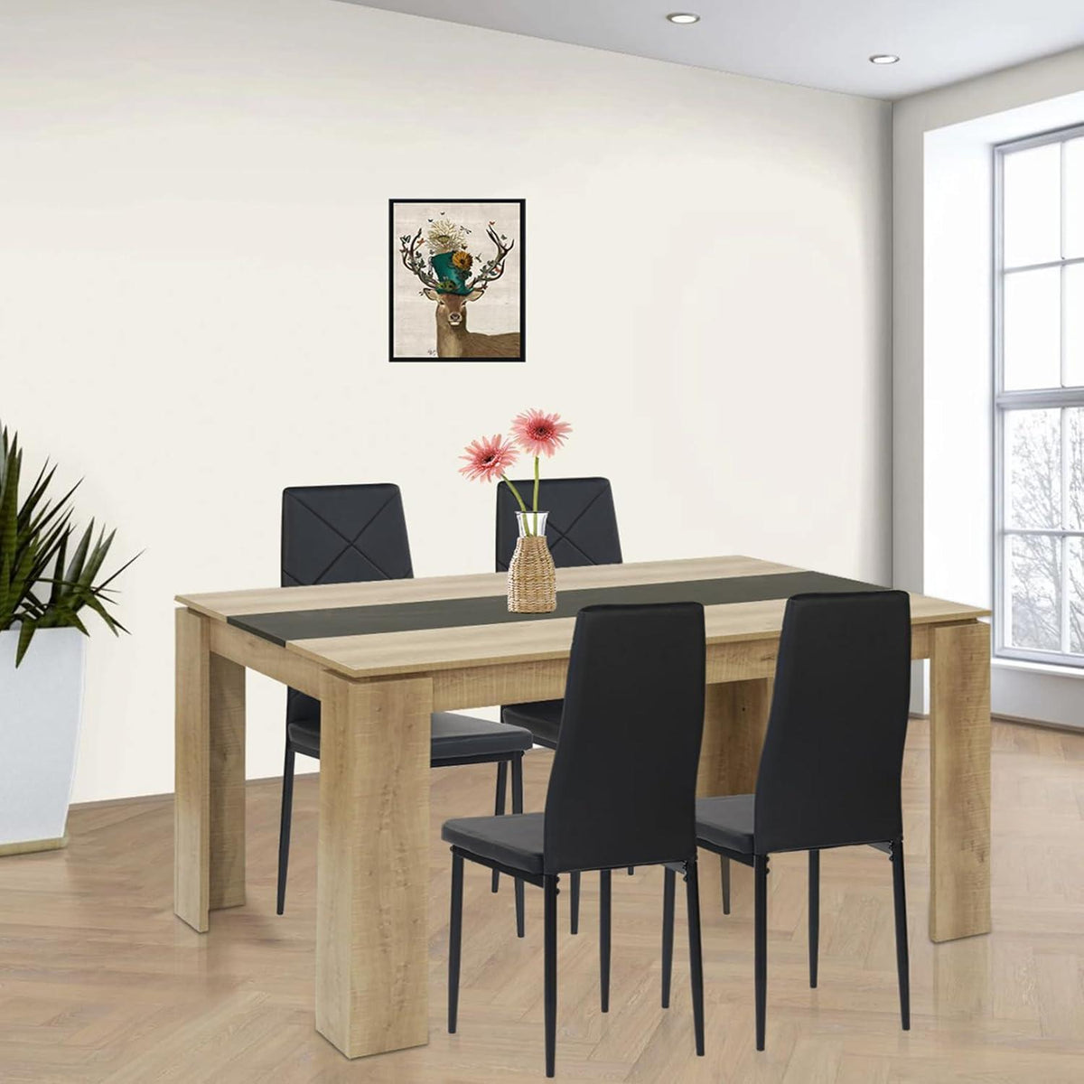 Esszimmergruppe 4er Set: Holztisch (160x80cm) & 4 Schwarz Stühle