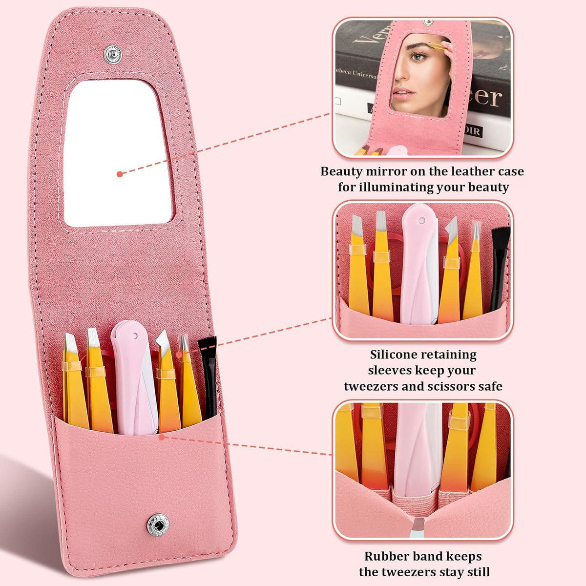 Pinzette Set 7-teilig für Frauen - Präzisions Pinzetten mit Reiseetui - Edelstahlpinzette für Augenbrauen, Schere, Rasiermesser