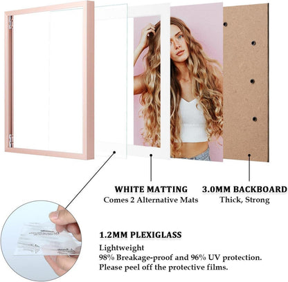 Aluminum Picture Frame Set with Mats, Plexiglass, Tabletop/Wall Mounting, 2 Pack, Rose Gold