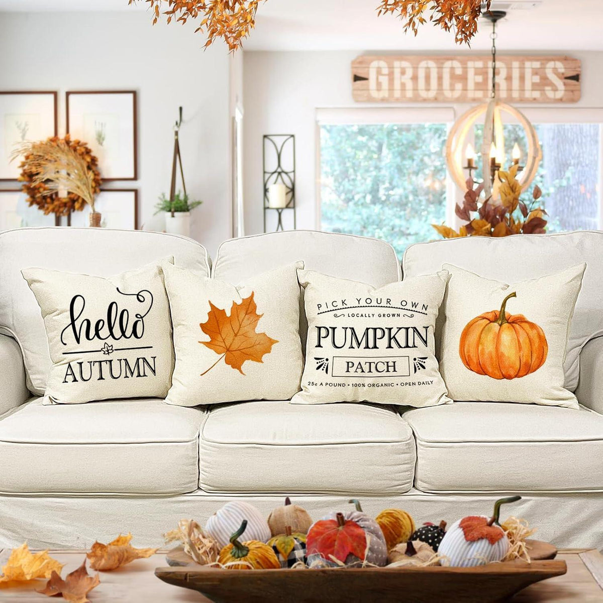 Herbst Kissenbezug 50x50 4er Set - Kürbis Deko Leinen