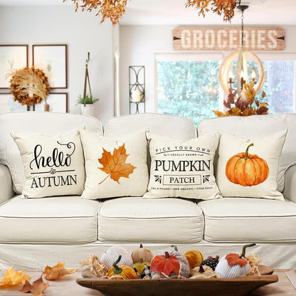 Herbst Kissenbezug 50x50 4er Set - Kürbis Deko Leinen
