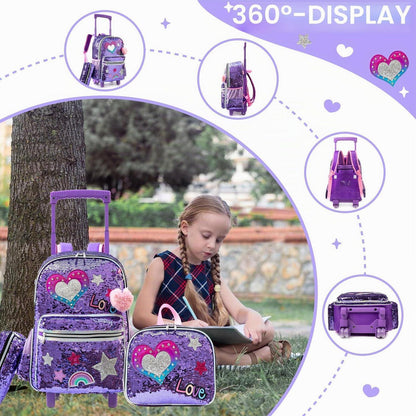 Kinder Rucksack mit Rollen & Trolley Set Lila Herz