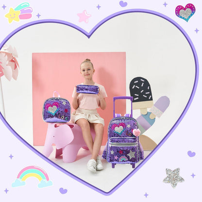 Kinder Rucksack mit Rollen & Trolley Set Lila Herz