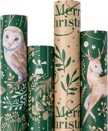 Weihnachts-Geschenkpapier Kraftpapier 4 Rollen Eule Rentier 76cm x 3m