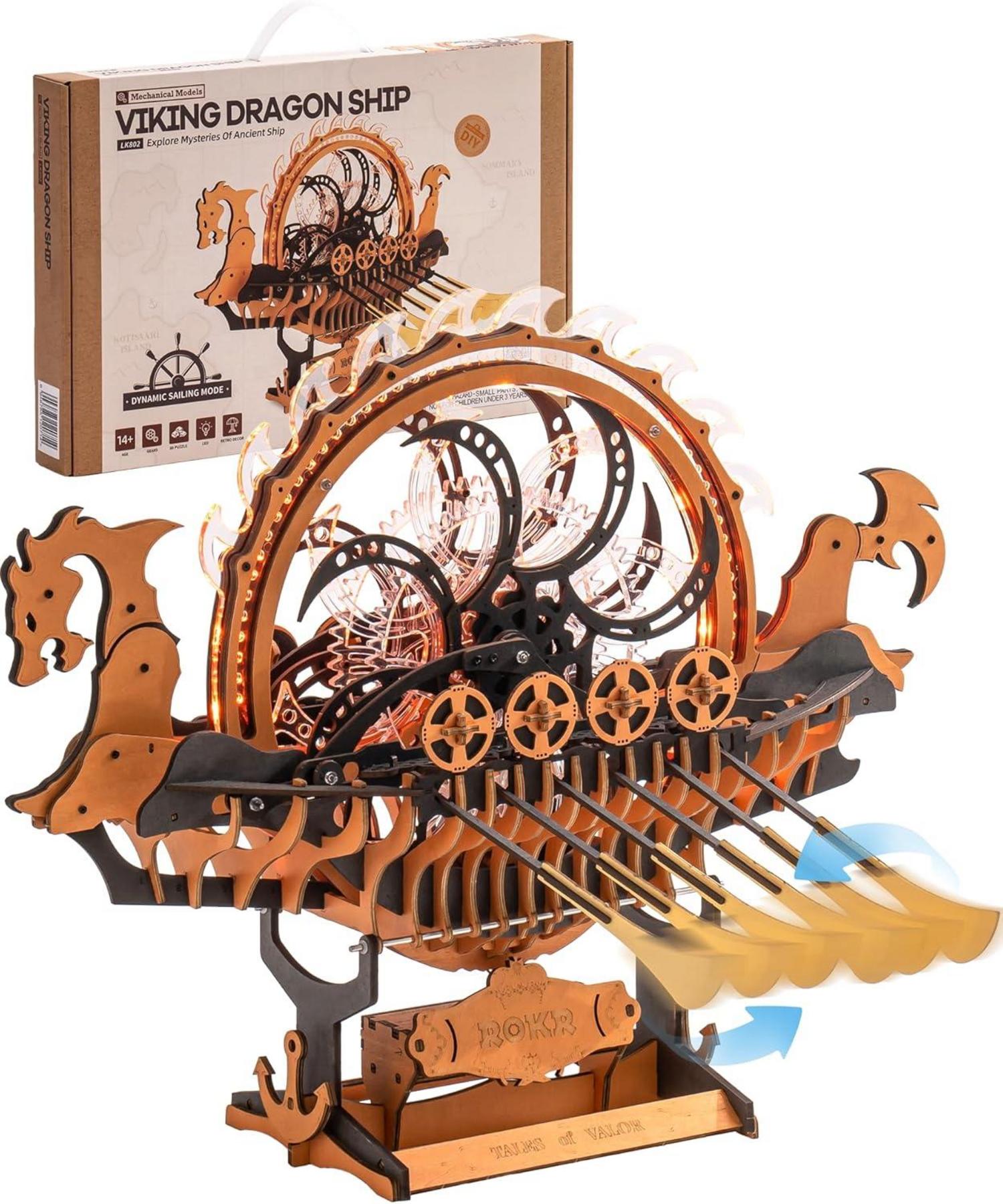ROKR 3D Puzzle Holz Modellboot Drachenboot LED Viking Schiff 229 Teile