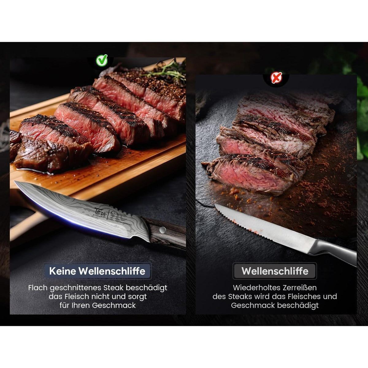 8-tlg. Steakmesser-Set | Japanischer Stil, Karbonstahl, Damast-Optik