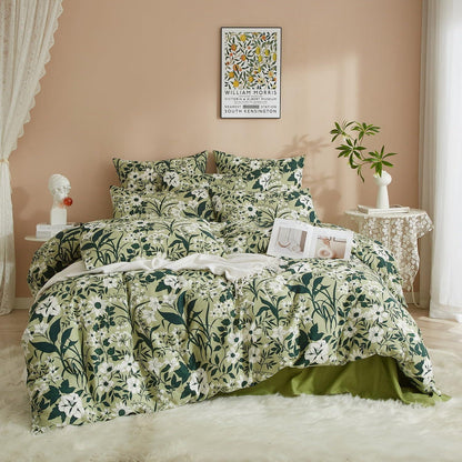 Baumwoll Bettwäsche Set Blumen Grün Weiß 220x240 cm