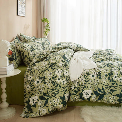 Baumwoll Bettwäsche Set Blumen Grün Weiß 220x240 cm