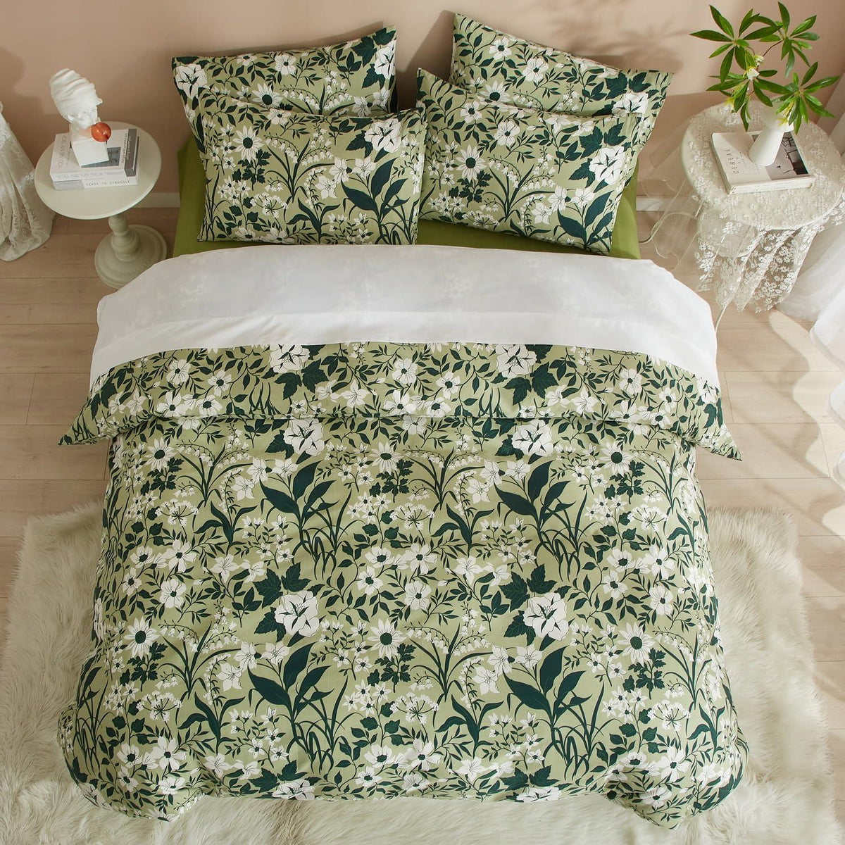 Baumwoll Bettwäsche Set Blumen Grün Weiß 220x240 cm