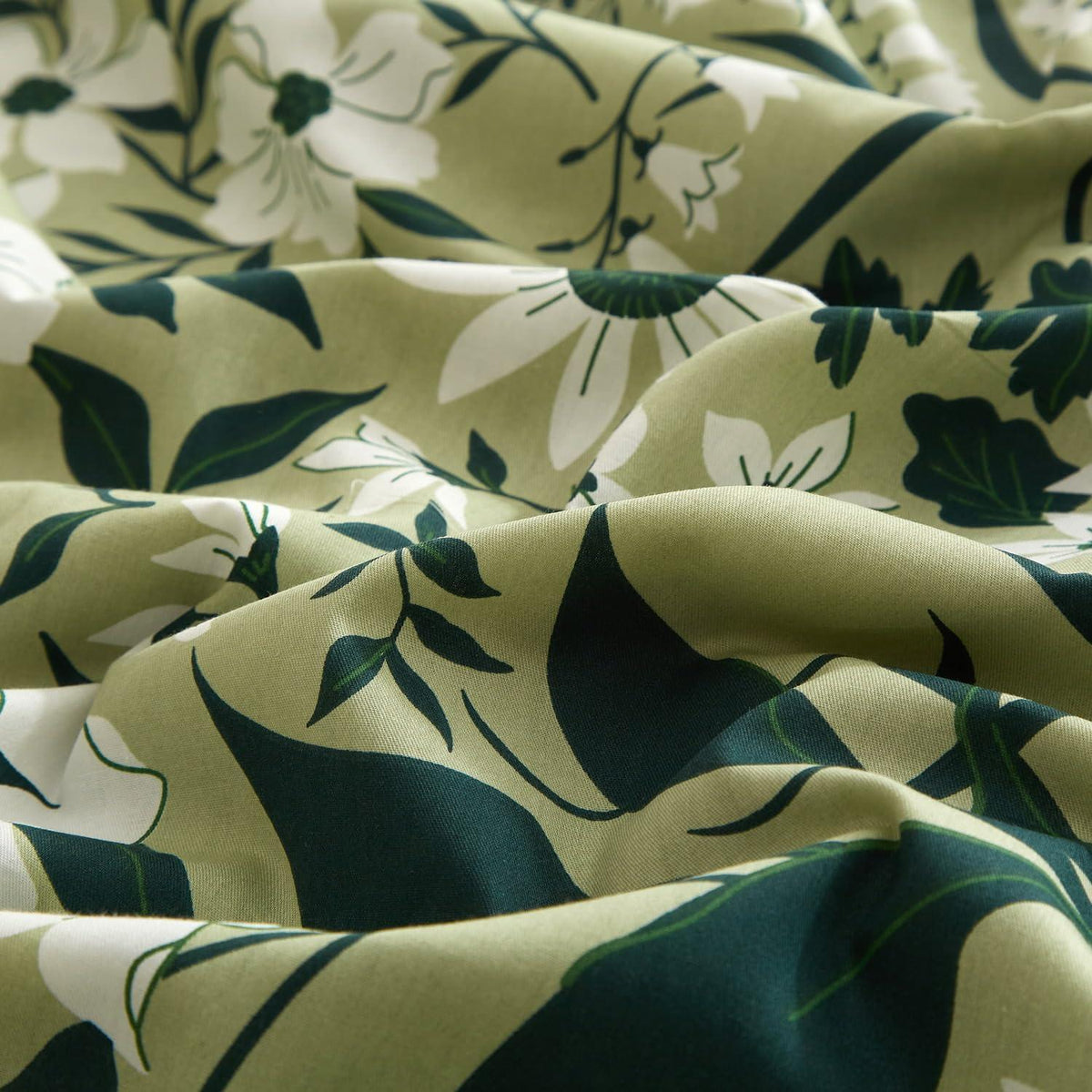 Baumwoll Bettwäsche Set Blumen Grün Weiß 220x240 cm