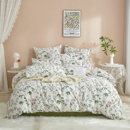 Baumwoll Bettwäsche Set Blumen Grün Weiß 200x220 cm