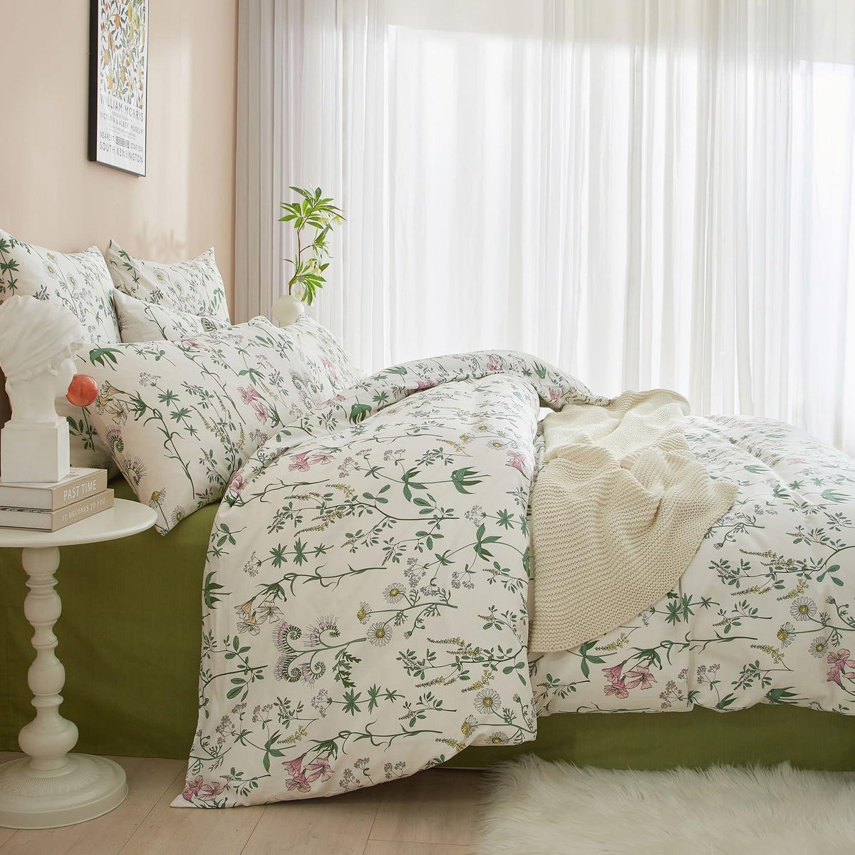 Baumwoll Bettwäsche Set Blumen Grün Weiß 200x220 cm