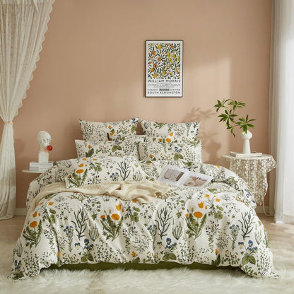 Blumen Bettwäsche Set 200x220 Baumwolle Grün Weiß Floral