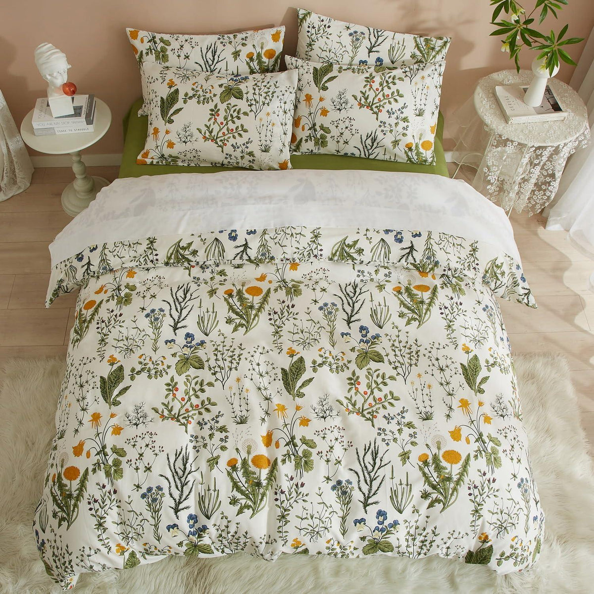 Blumen Bettwäsche Set 200x220 Baumwolle Grün Weiß Floral