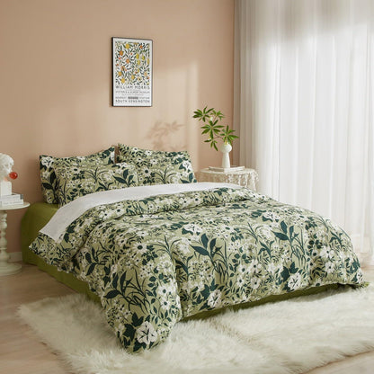 Blumen Bettwäsche Set 200x220 Baumwolle Grün Weiß Floral