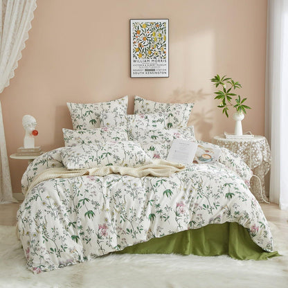 Blumen Bettwäsche Set 220x240 Baumwolle Weiß Grün