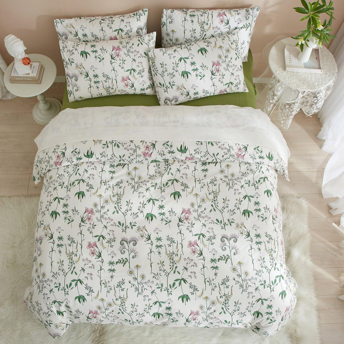 Blumen Bettwäsche Set 220x240 Baumwolle Weiß Grün