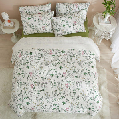 Blumen Bettwäsche Set 220x240 Baumwolle Weiß Grün