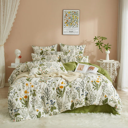 Baumwoll Bettwäsche Set 200x220 Blumen Grün Weiß Pflanzen
