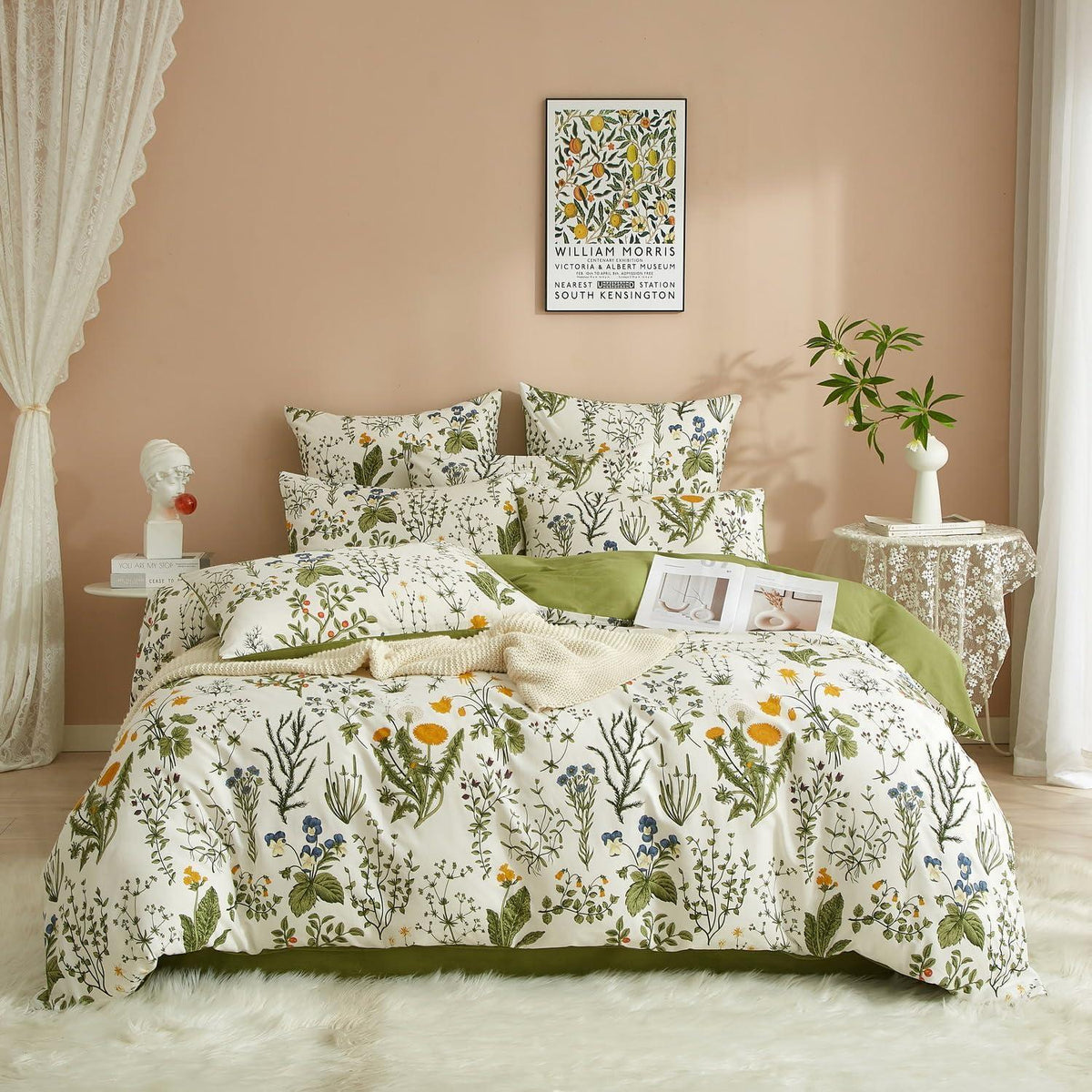 Baumwoll Bettwäsche Set 200x220 Blumen Grün Weiß Pflanzen