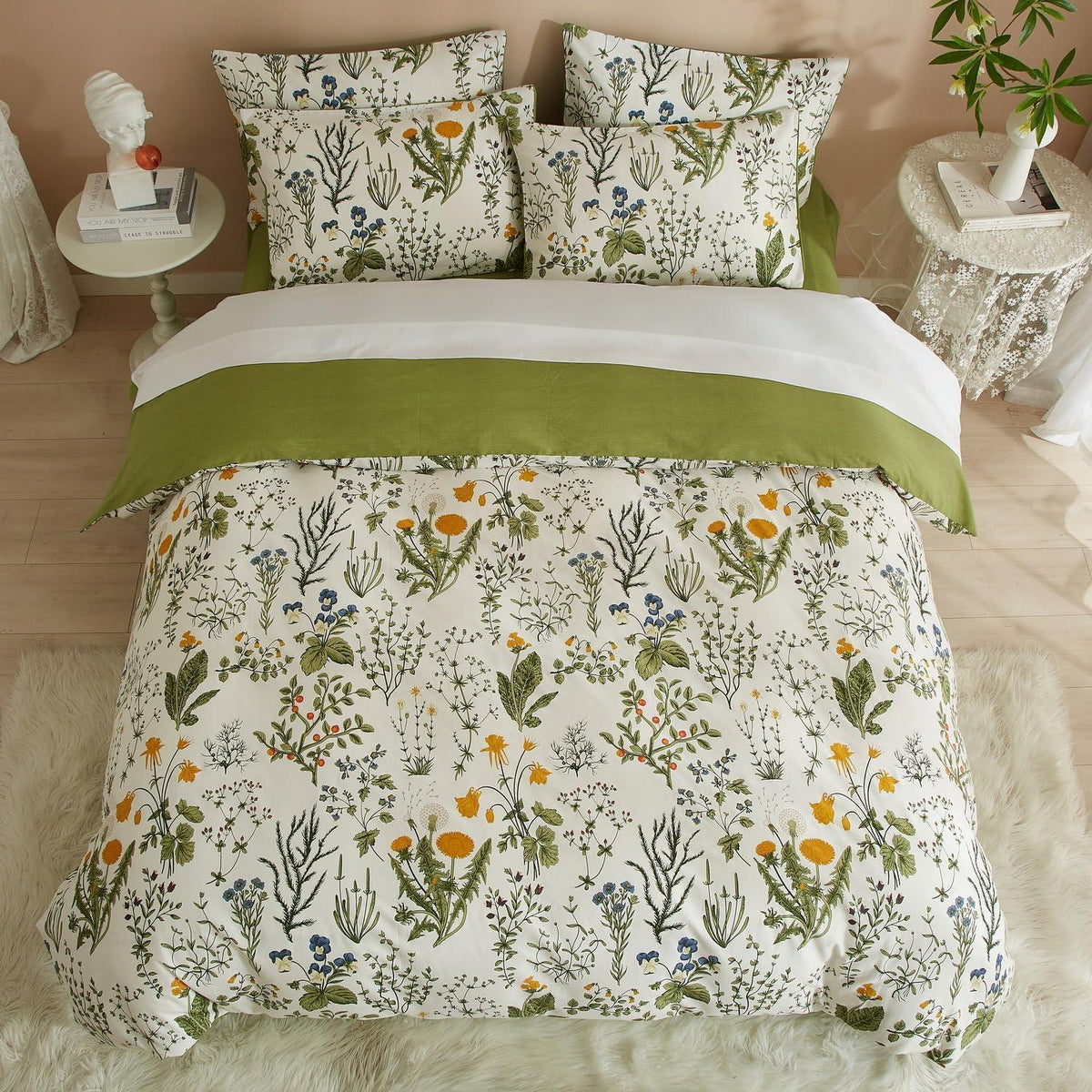 Baumwoll Bettwäsche Set 200x220 Blumen Grün Weiß Pflanzen