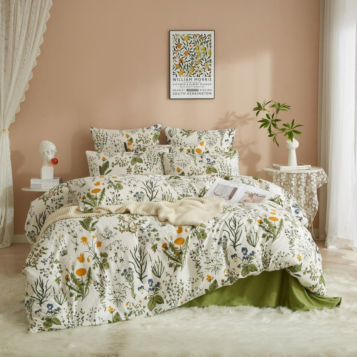 Baumwoll Bettwäsche Set Blumen Grün Weiß 220x240 cm