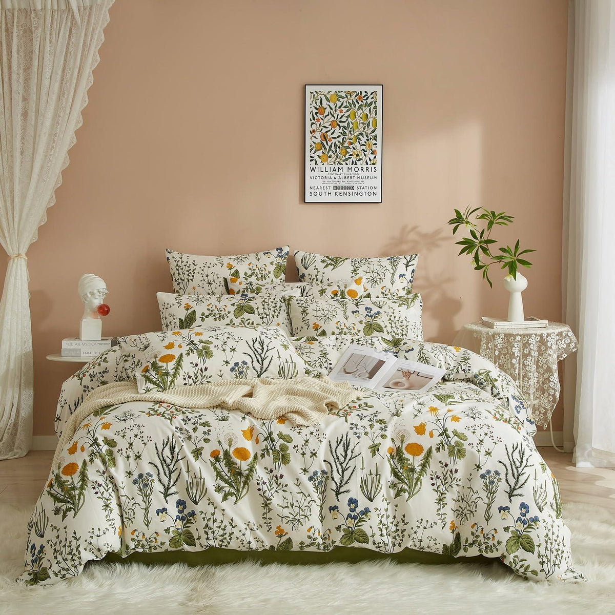 Baumwoll Bettwäsche Set Blumen Grün Weiß 220x240 cm