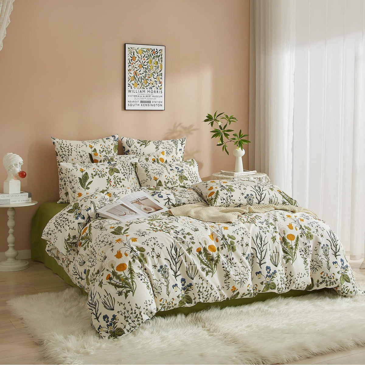 Baumwoll Bettwäsche Set Blumen Grün Weiß 220x240 cm
