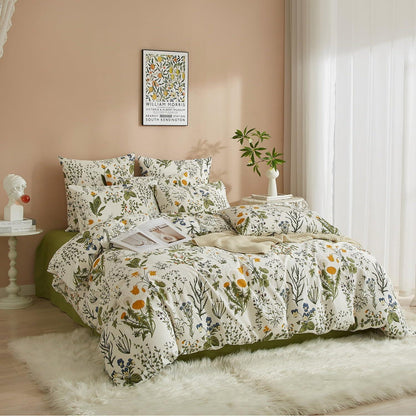 Baumwoll Bettwäsche Set Blumen Grün Weiß 220x240 cm