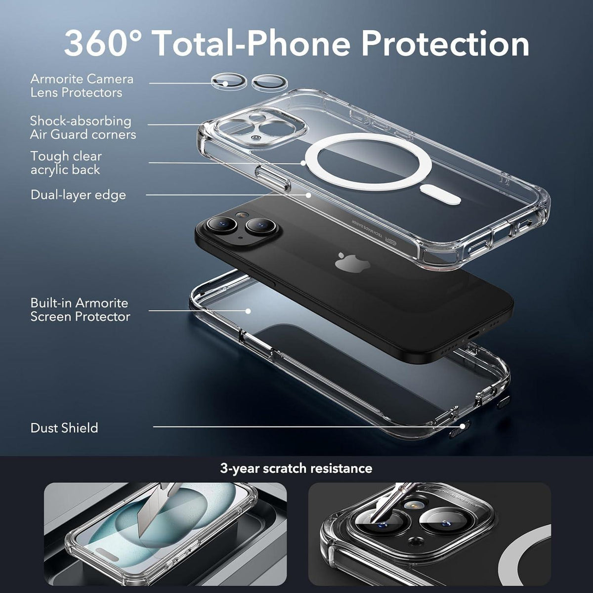 ESR iPhone 15 Hülle MagSafe 360° Schutzhülle Klar Stoßfest
