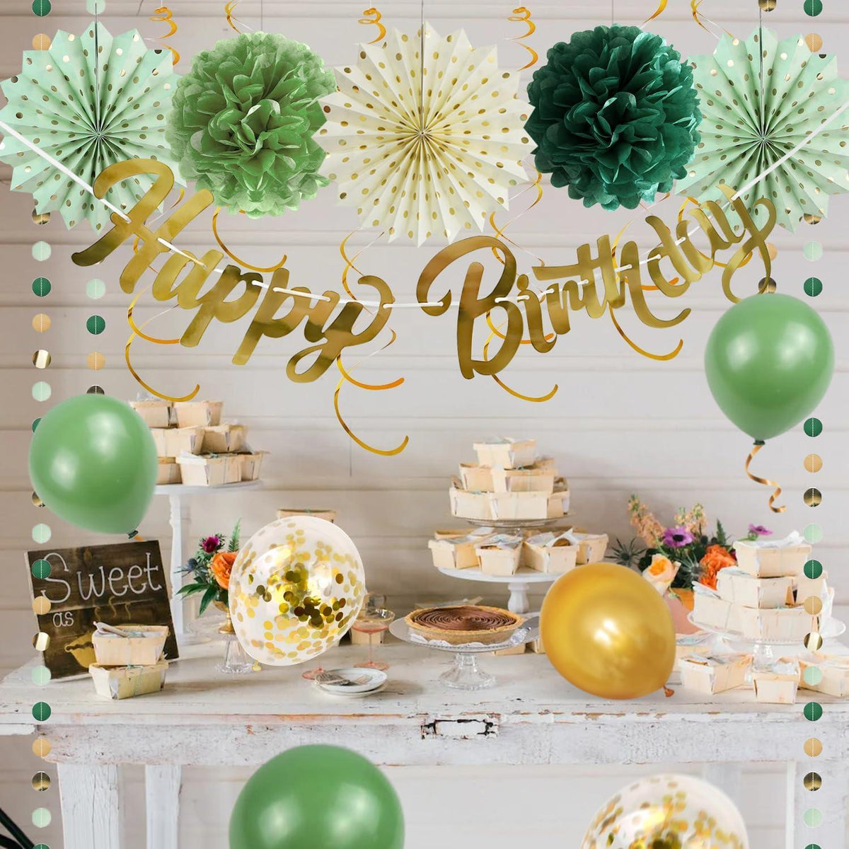 Geburtstagsdeko Sage Grün Pompons Happy Birthday Girlande